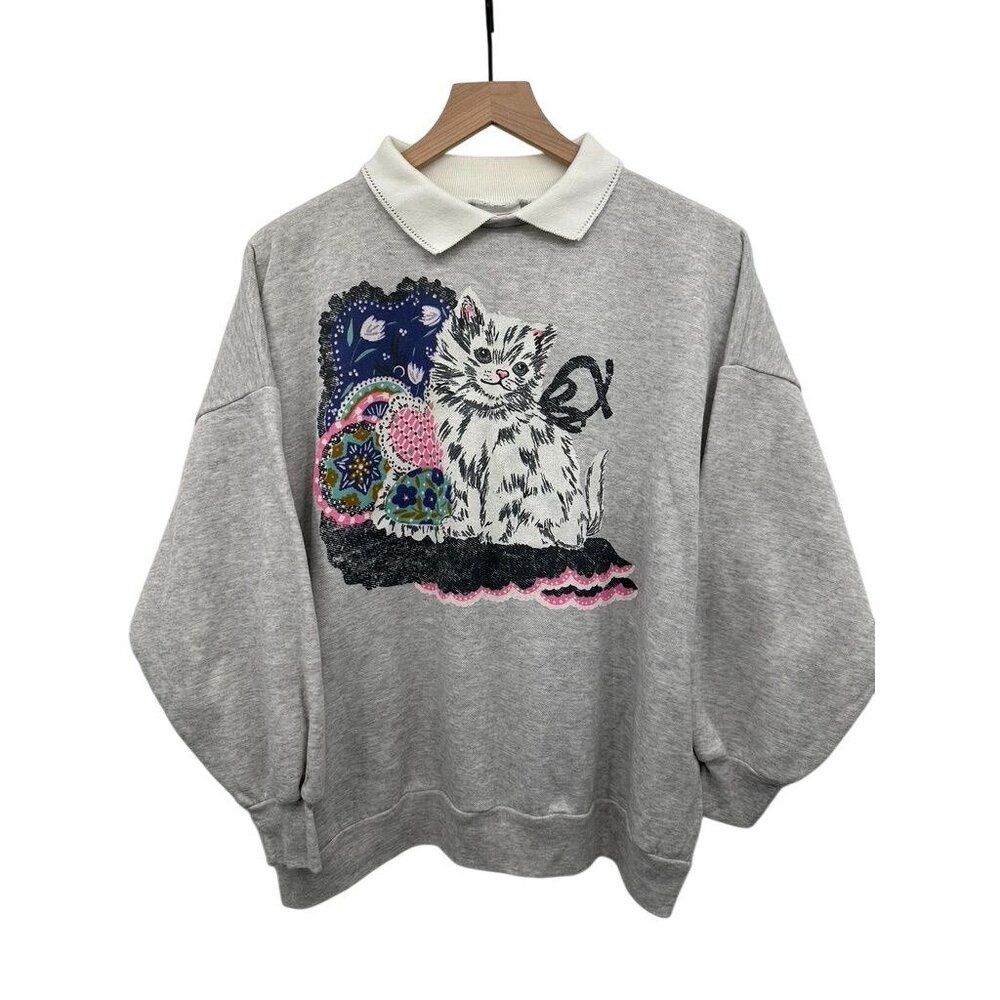 Vintage Collar Grandma Cat Graphic Polo Sweatshirt Grey
